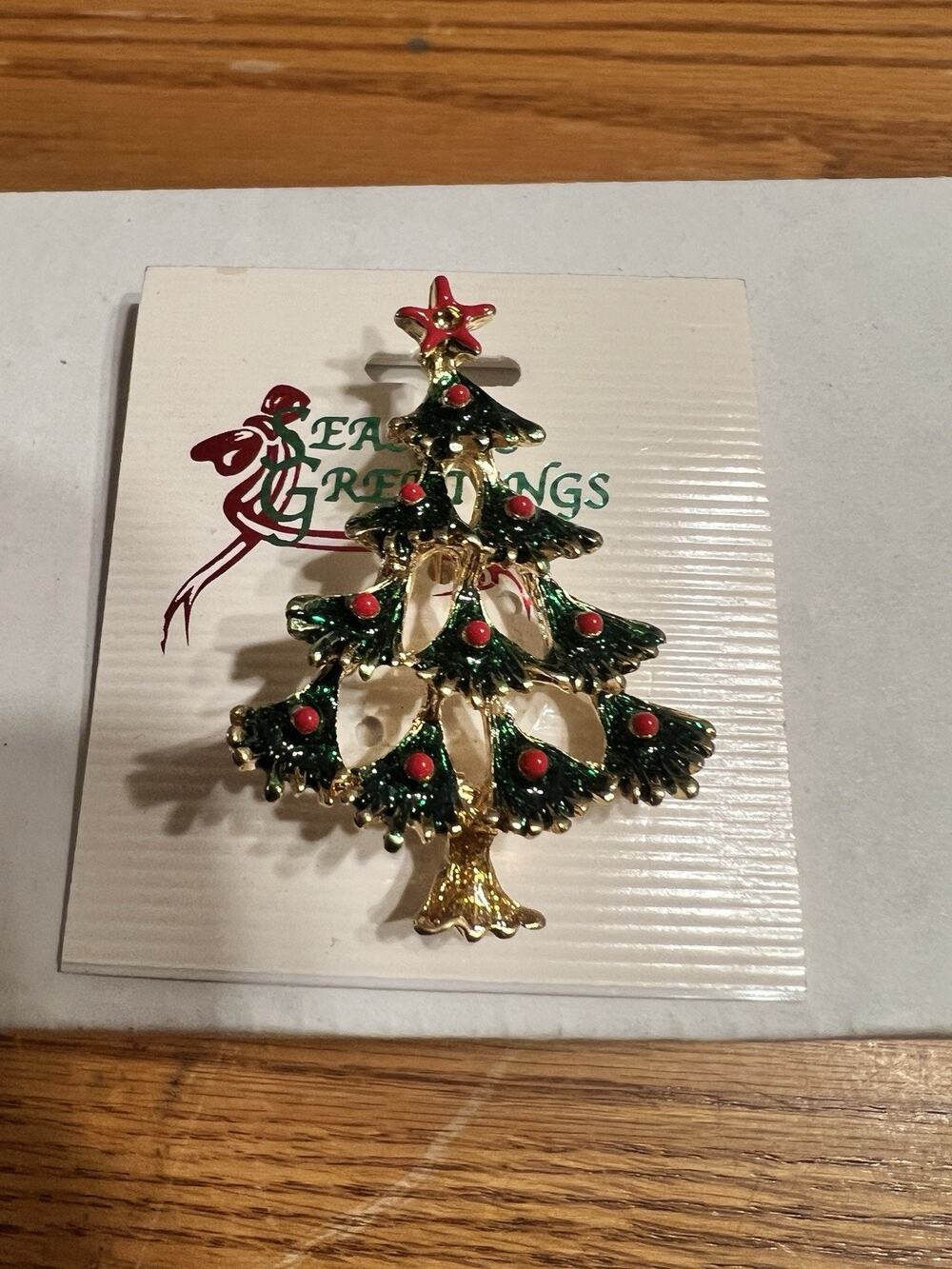 Happy Holidays Christmas Tree Brooch Pin, Gold Color w/ Round red Crysta Crystal